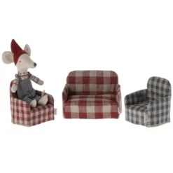 Maileg Poppenhuisbank Rood Geruit - 11 Cm -Janod Winkel fauteuil rood wit2 1